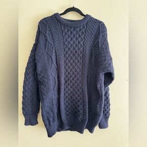 Men's 100% Wool Aran Market Navy Cable Knit Sweater